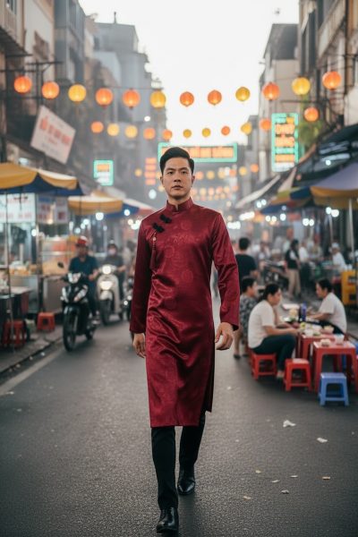 áo dài nam đỏ đô